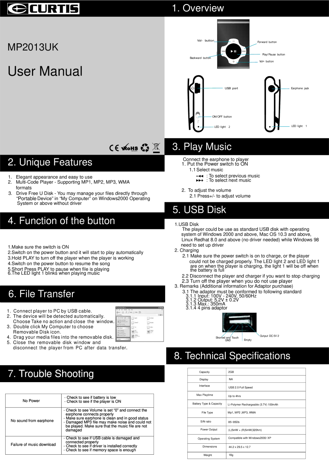 Curtis MP2013UK user manual Overview, Unique Features, Function of the button, File Transfer, Play Music, USB Disk 