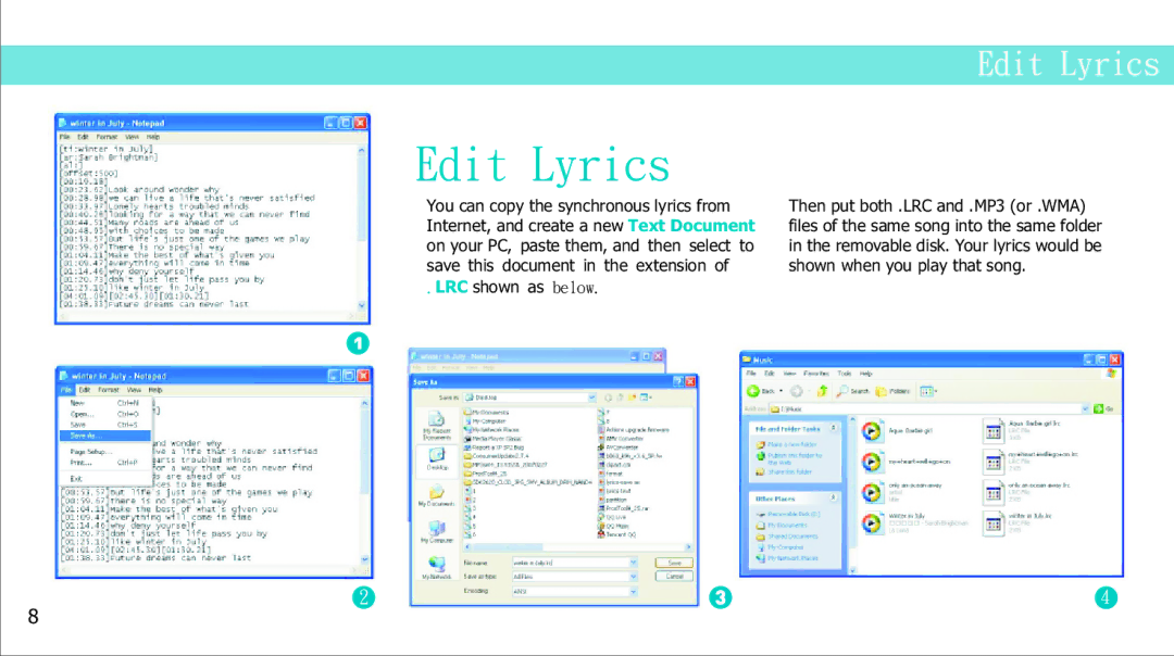 Curtis MP2050UK manual Edit Lyrics, LRC shown as below 