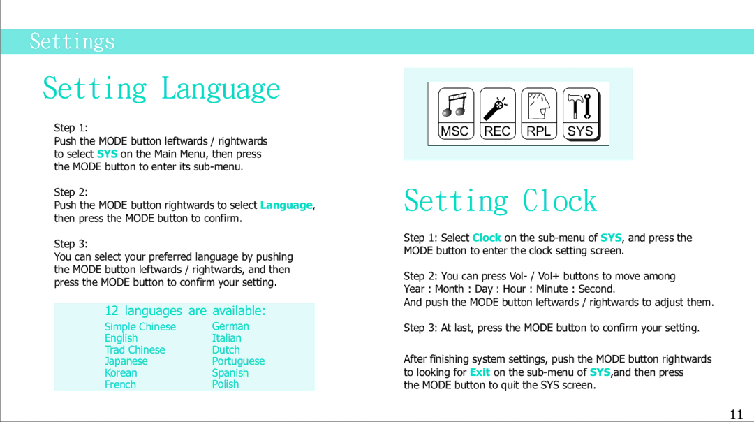 Curtis MP2050UK manual Setting Language, Setting Clock 