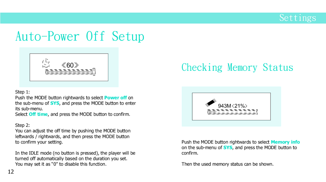 Curtis MP2050UK manual Auto-Power Off Setup, Checking Memory Status 