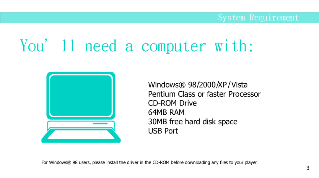 Curtis MP2050UK manual You’ll need a computer with, 64MB RAM 