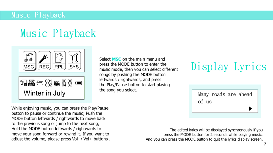 Curtis MP2050UK manual Music Playback, Display Lyrics 