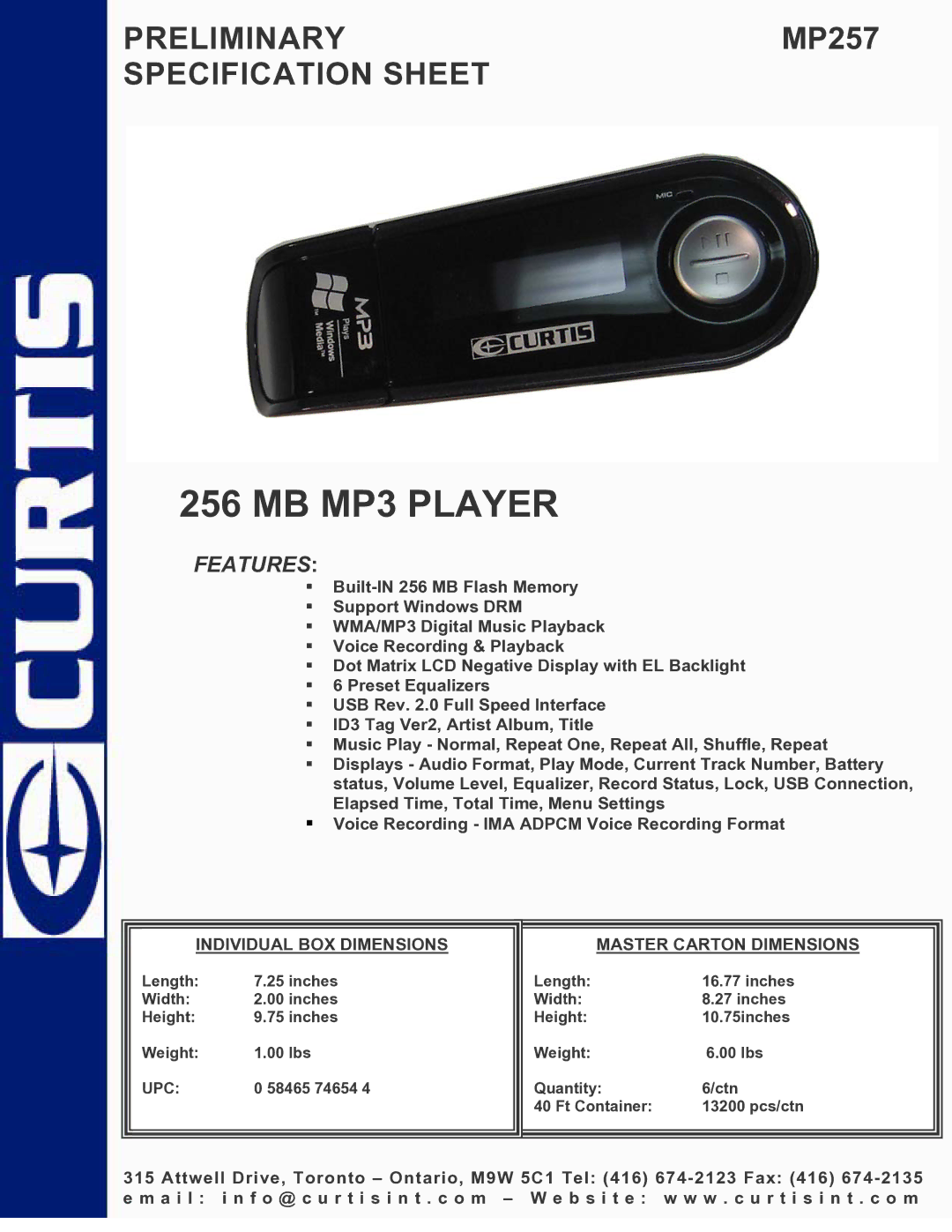 Curtis MP257 specifications MB MP3 Player, Features, Individual BOX Dimensions Master Carton Dimensions 