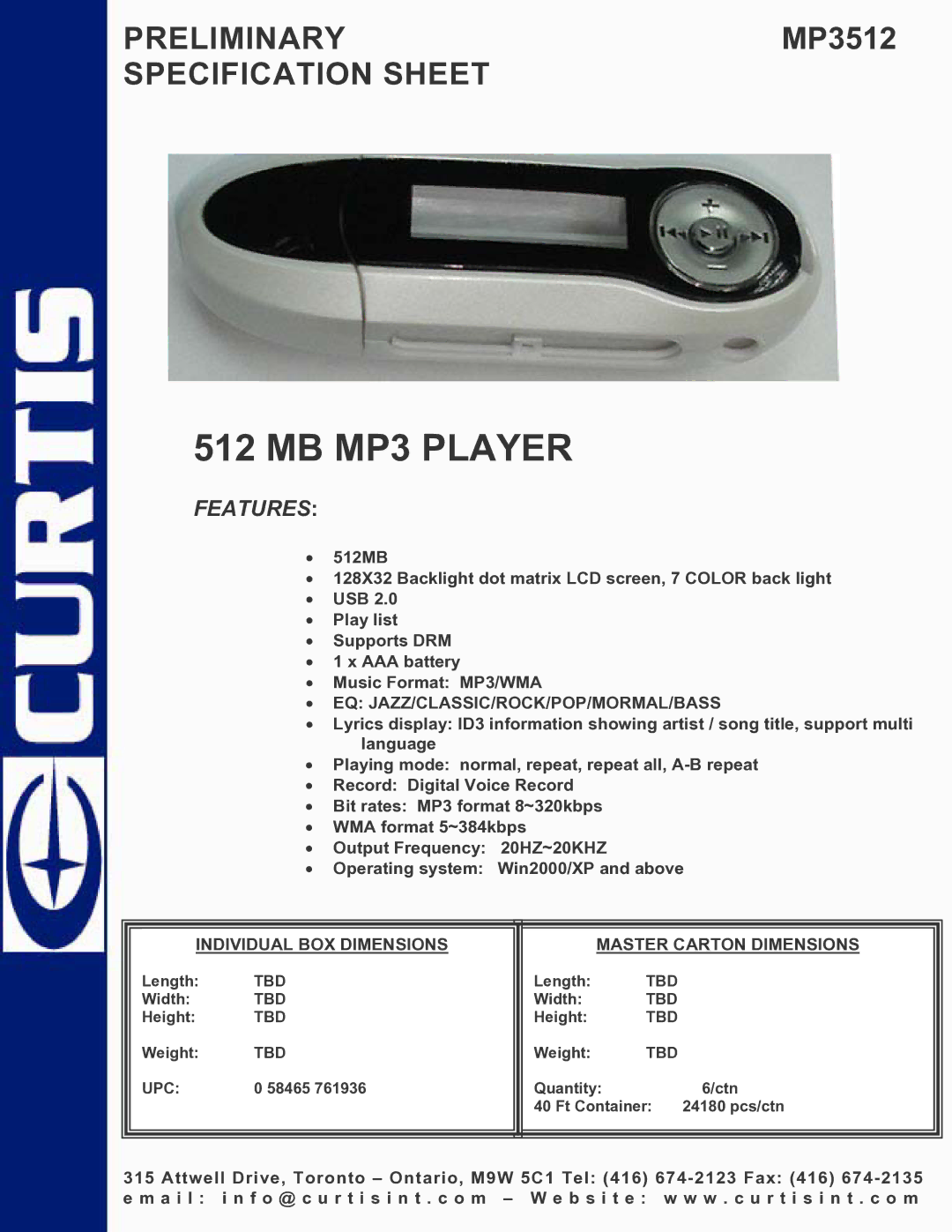 Curtis MP3512 specifications MB MP3 Player, Features, Eq Jazz/Classic/Rock/Pop/Mormal/Bass 