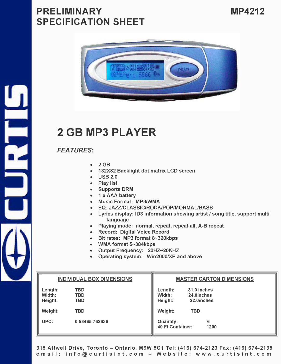 Curtis MP4212 specifications GB MP3 Player, Features, Eq Jazz/Classic/Rock/Pop/Mormal/Bass 