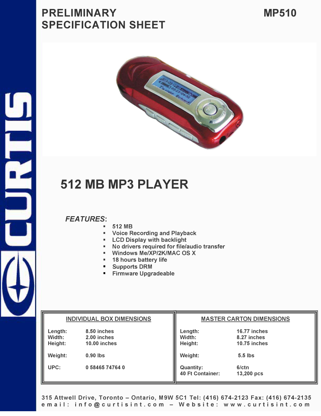 Curtis MP510 specifications MB MP3 Player, Features, Individual BOX Dimensions Master Carton Dimensions 