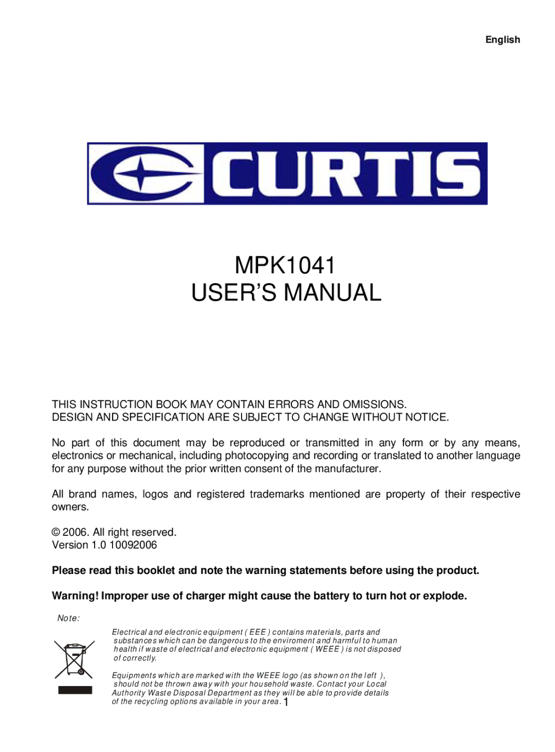 Curtis MPK1041 user manual USER’S Manual 