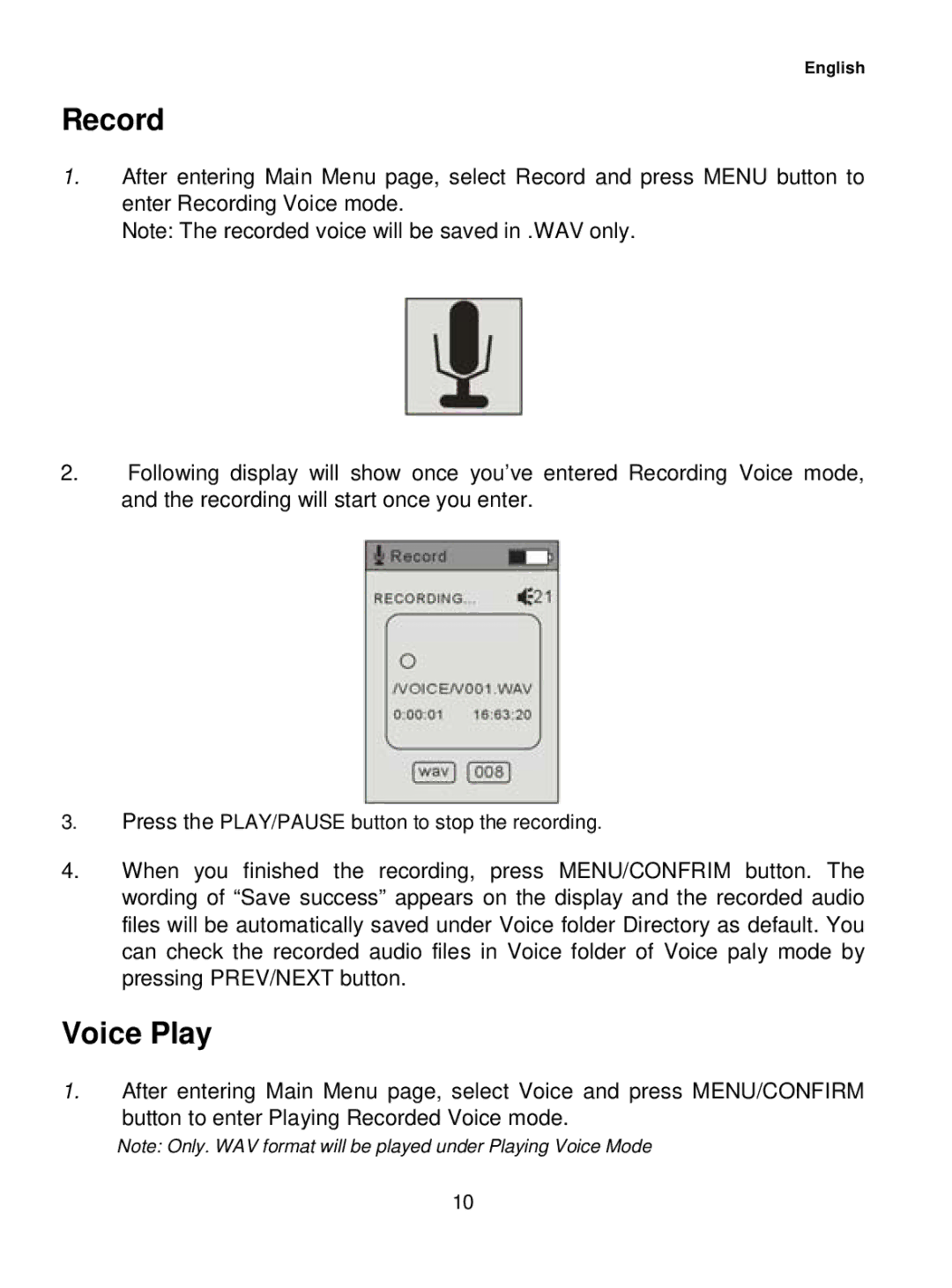 Curtis MPK1041 user manual Record, Voice Play 