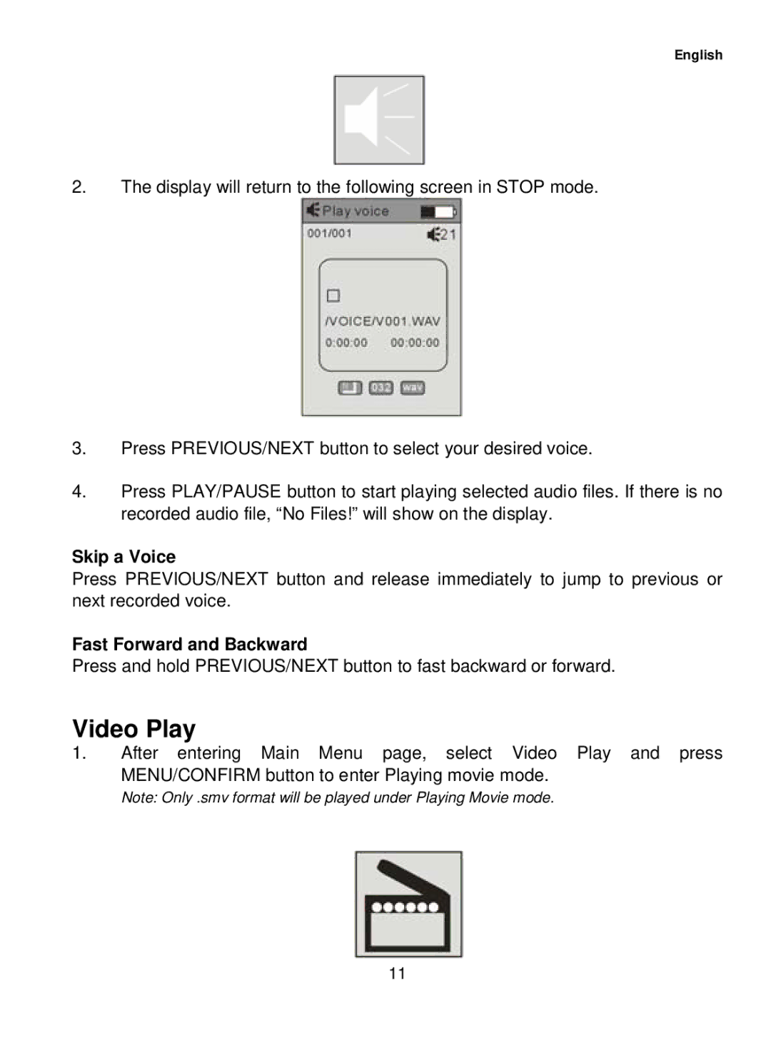 Curtis MPK1041 user manual Video Play, Skip a Voice 