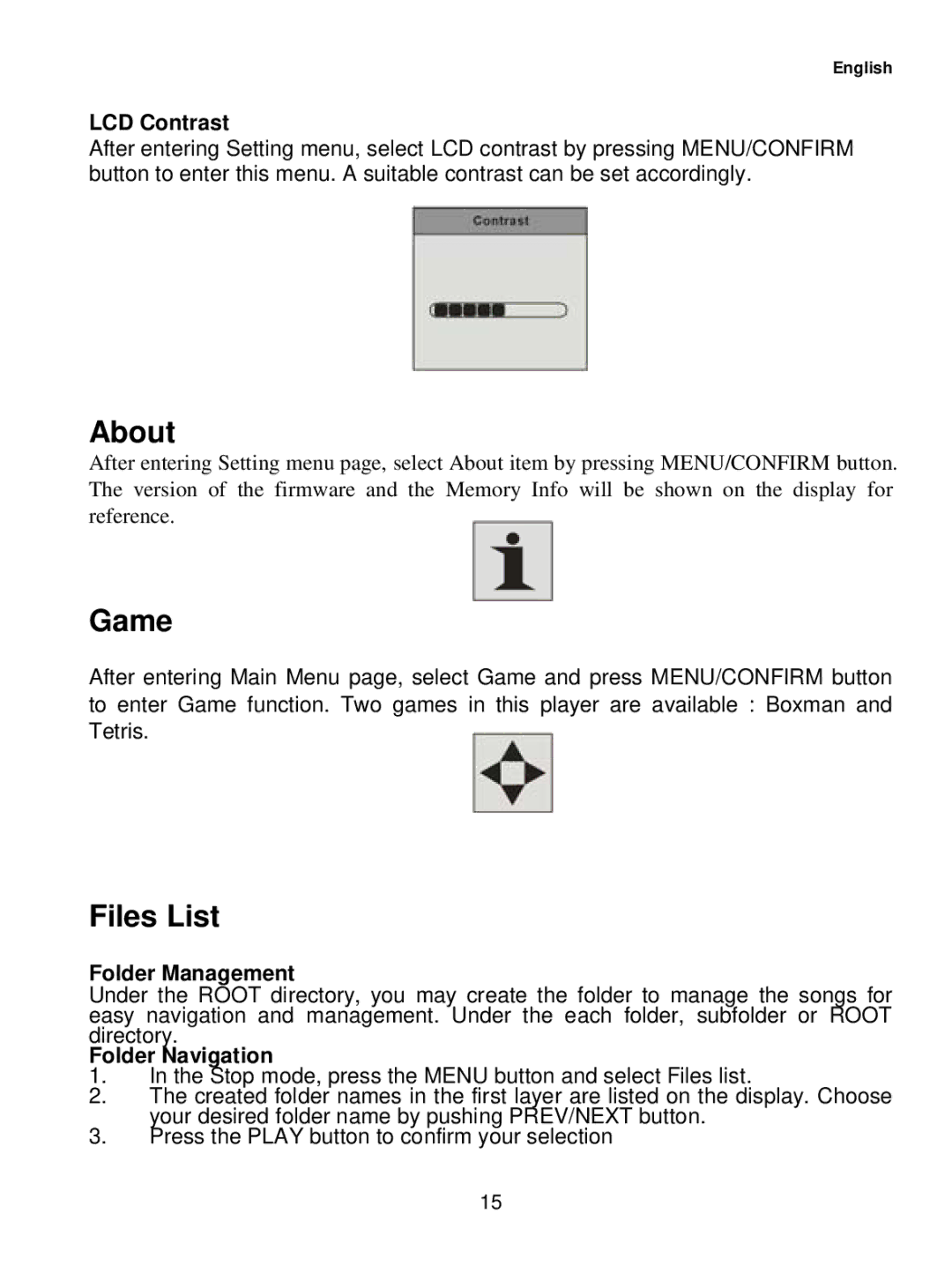 Curtis MPK1041 user manual About, Game, Files List, Folder Management, Folder Navigation 