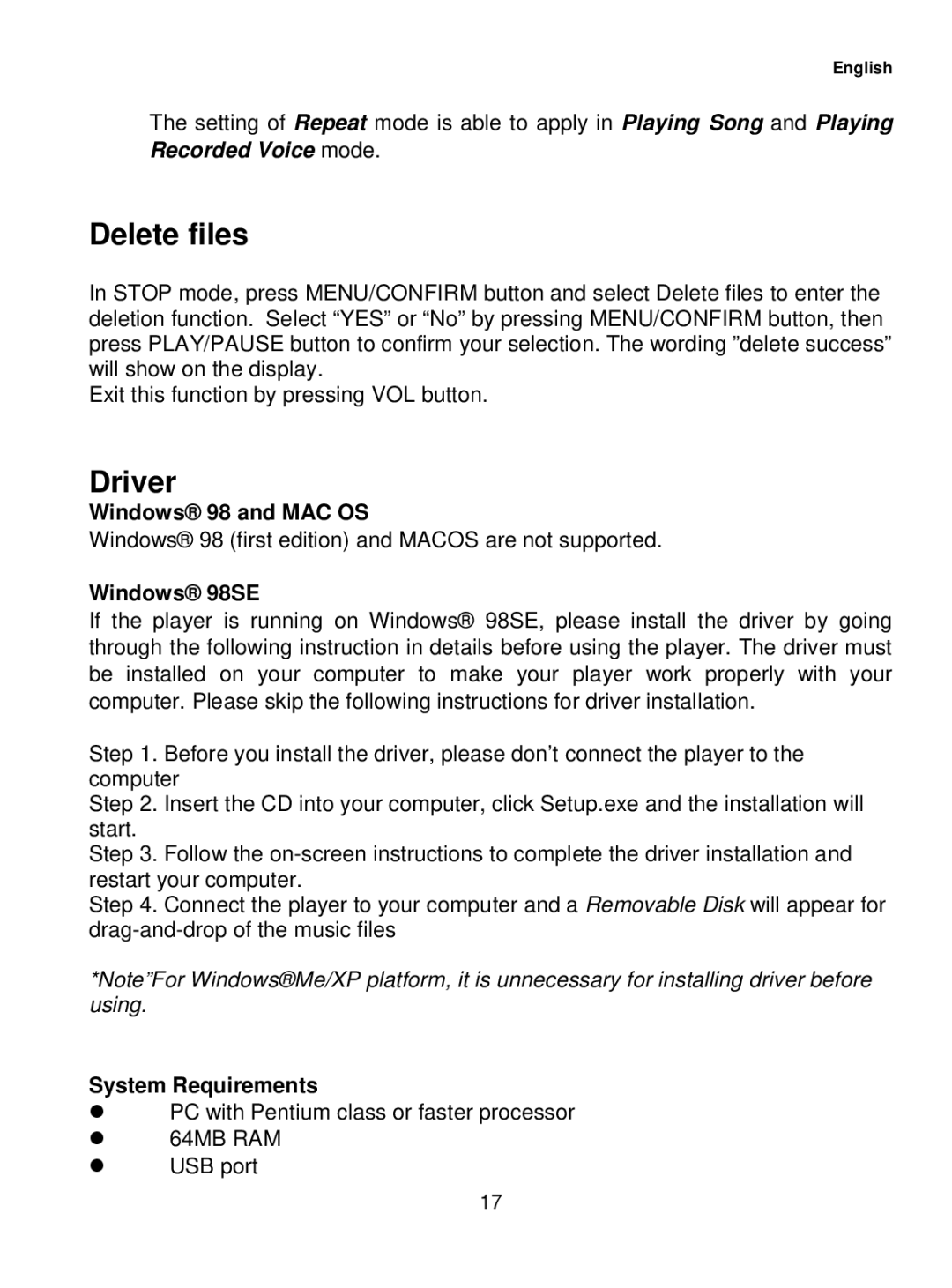 Curtis MPK1041 user manual Delete files, Driver, Windows 98 and MAC OS, Windows 98SE, System Requirements 