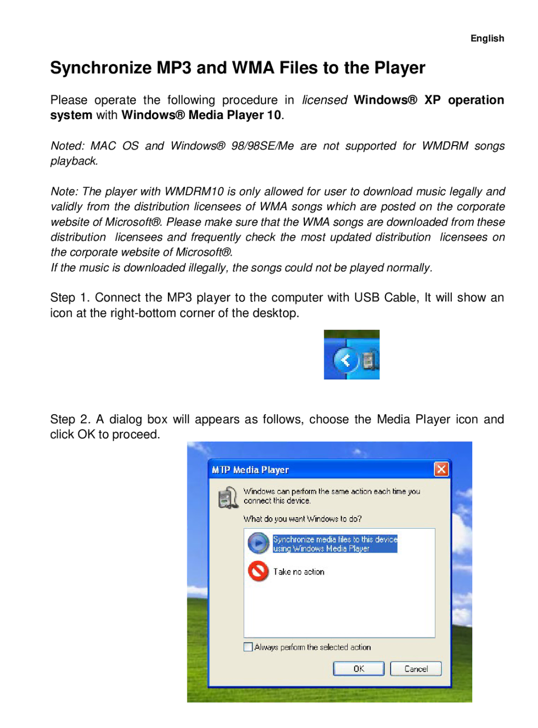 Curtis MPK1041 user manual Synchronize MP3 and WMA Files to the Player 