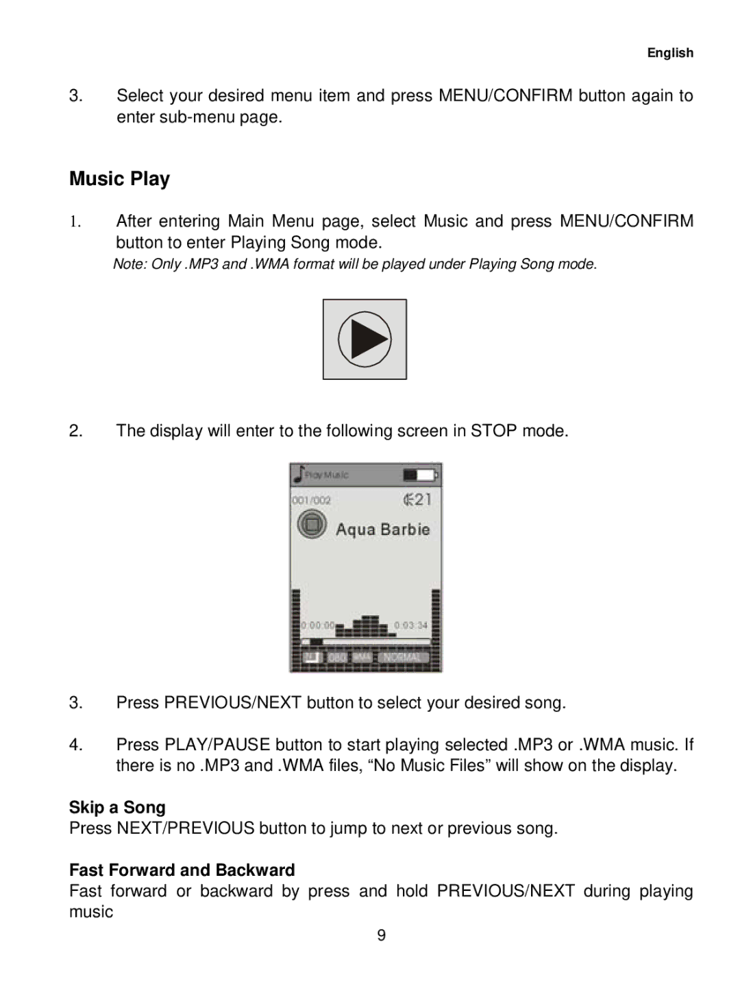 Curtis MPK1041 user manual Music Play, Skip a Song, Fast Forward and Backward 