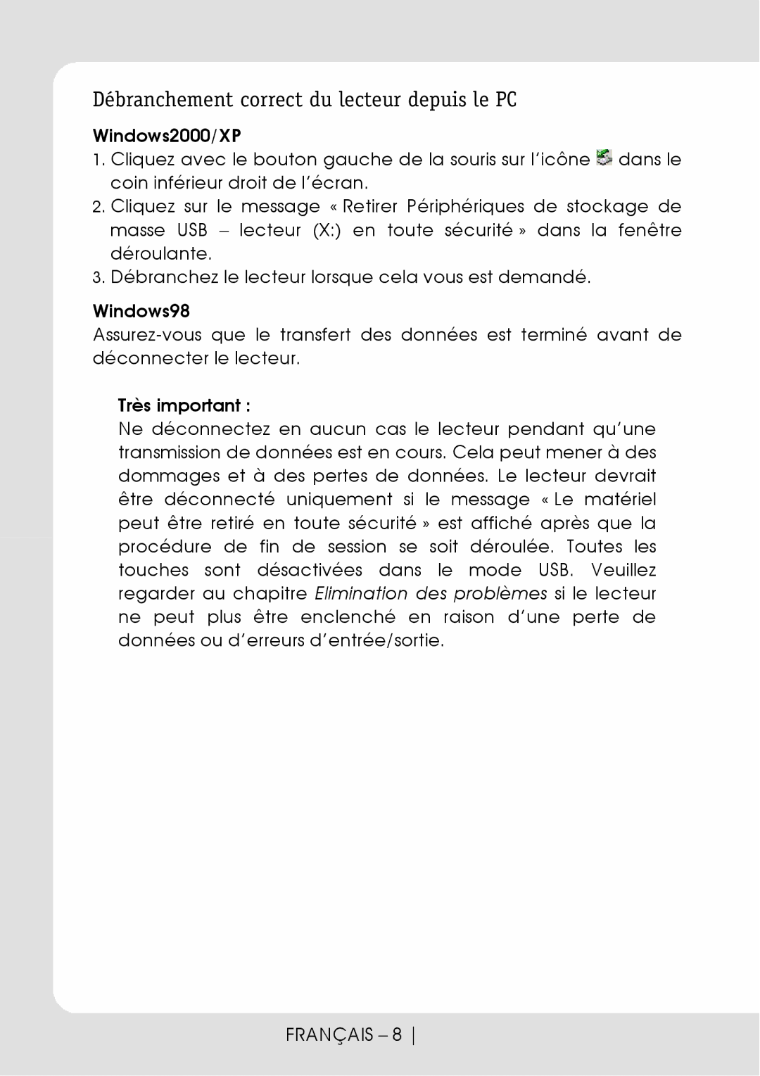 Curtis MPK1066UK user manual Windows2000/XP, Windows98, Très important 