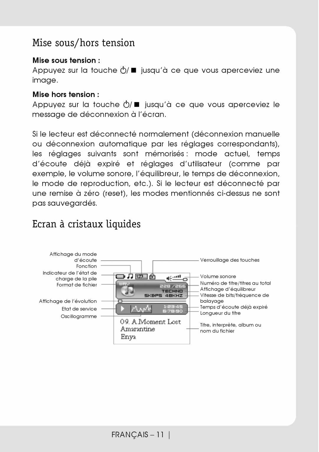 Curtis MPK1066UK user manual Mise sous/hors tension, Ecran à cristaux liquides, Mise sous tension, Mise hors tension 