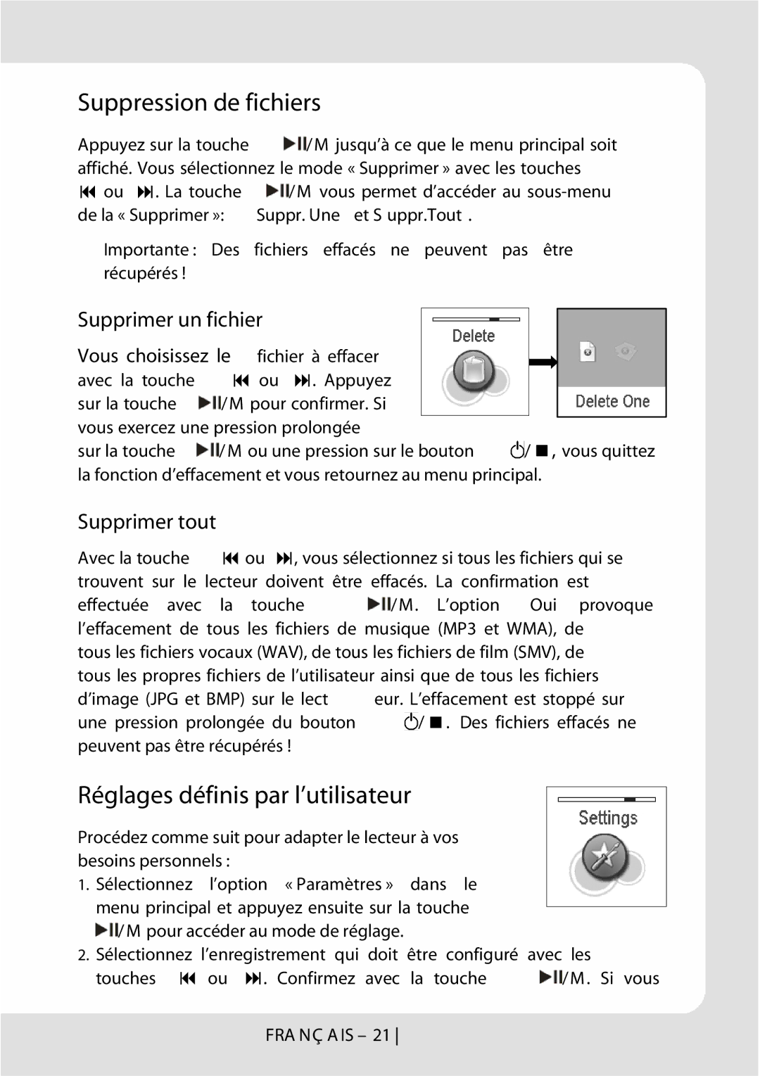 Curtis MPK1066UK user manual Suppression de fichiers, Réglages définis par l’utilisateur, Suppr. Une et S uppr.Tout 