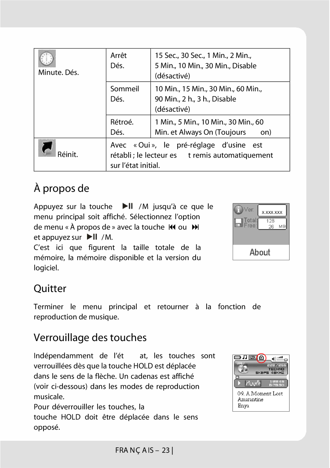 Curtis MPK1066UK user manual Propos de, Quitter, Verrouillage des touches 