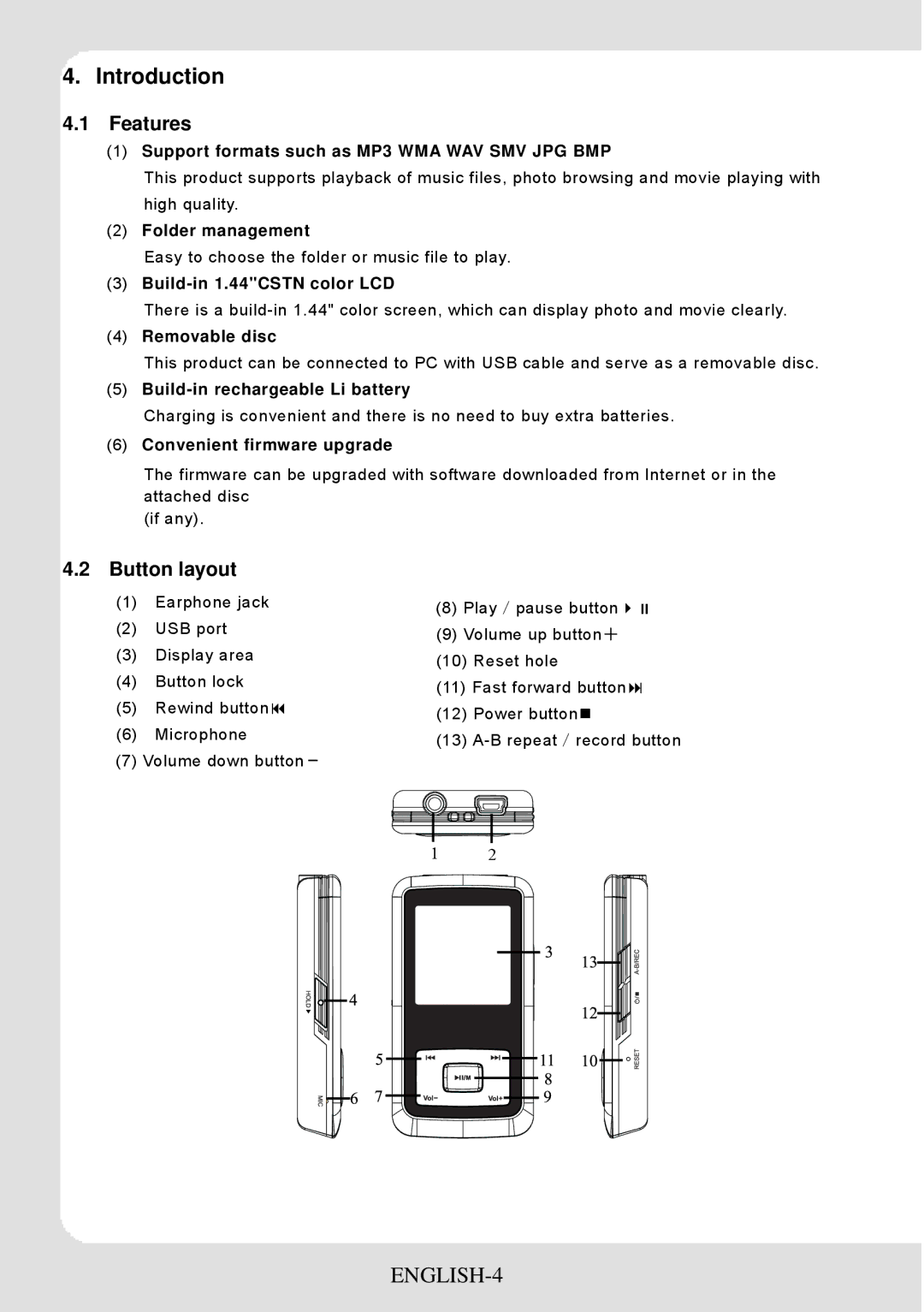 Curtis MPK1066UK user manual Introduction, ENGLISH-4, Features, Button layout 