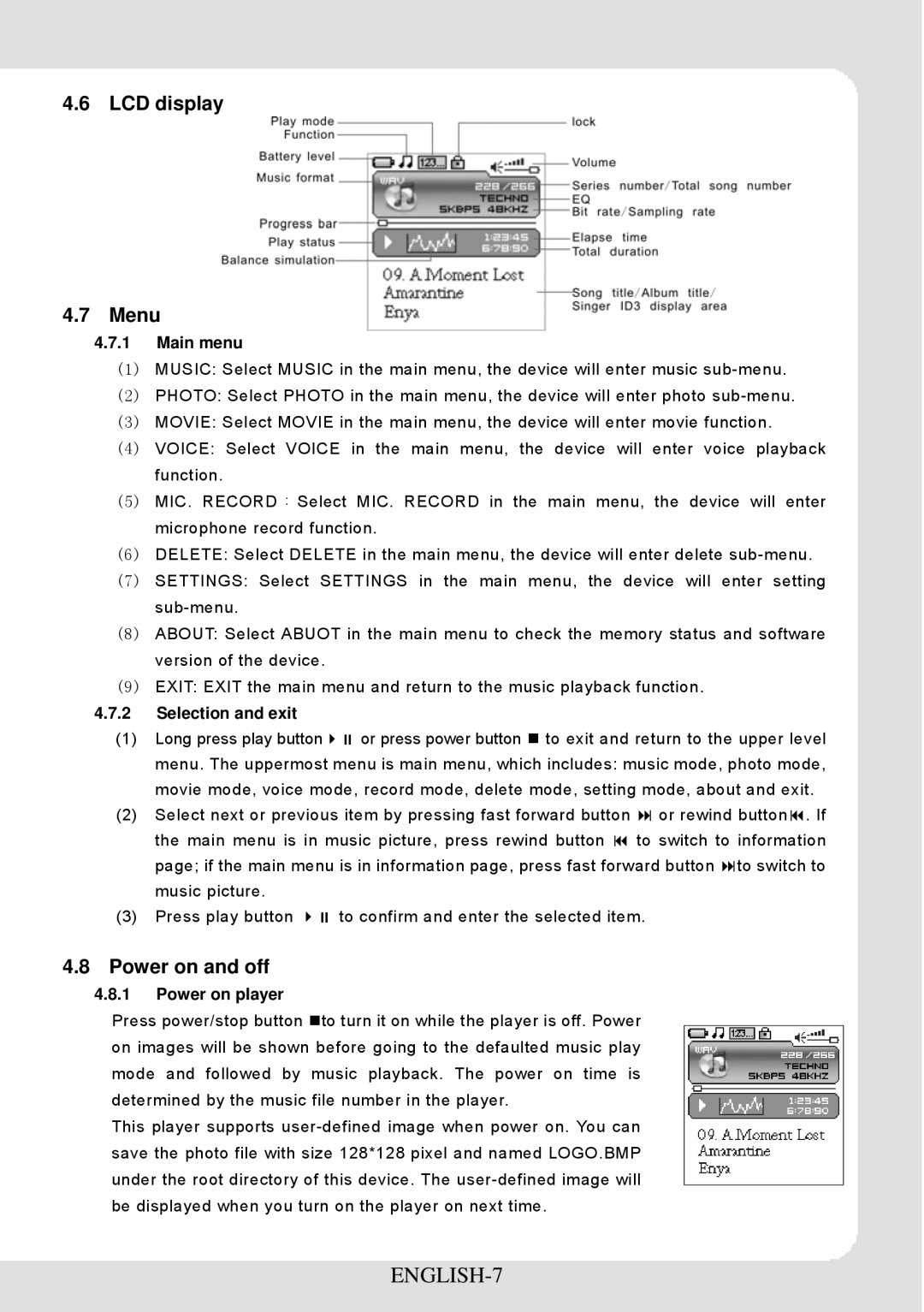 Curtis MPK1066UK user manual ENGLISH-7, LCD display Menu, Power on and off 