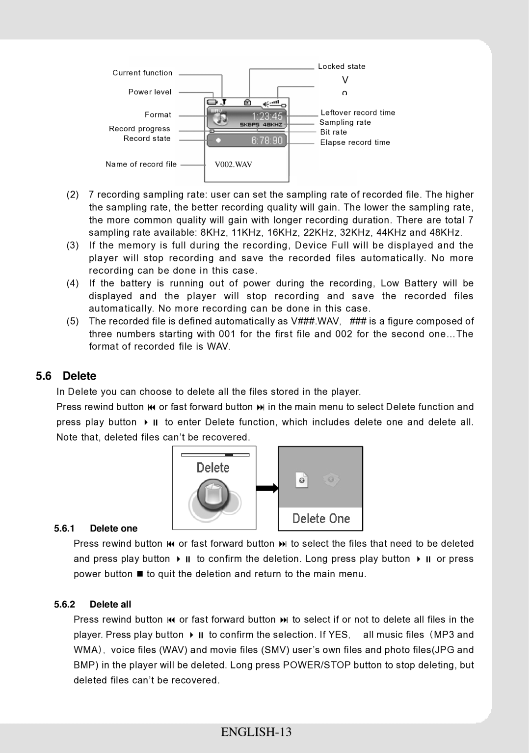 Curtis MPK4066UK user manual ENGLISH-13, Delete one, Delete all 