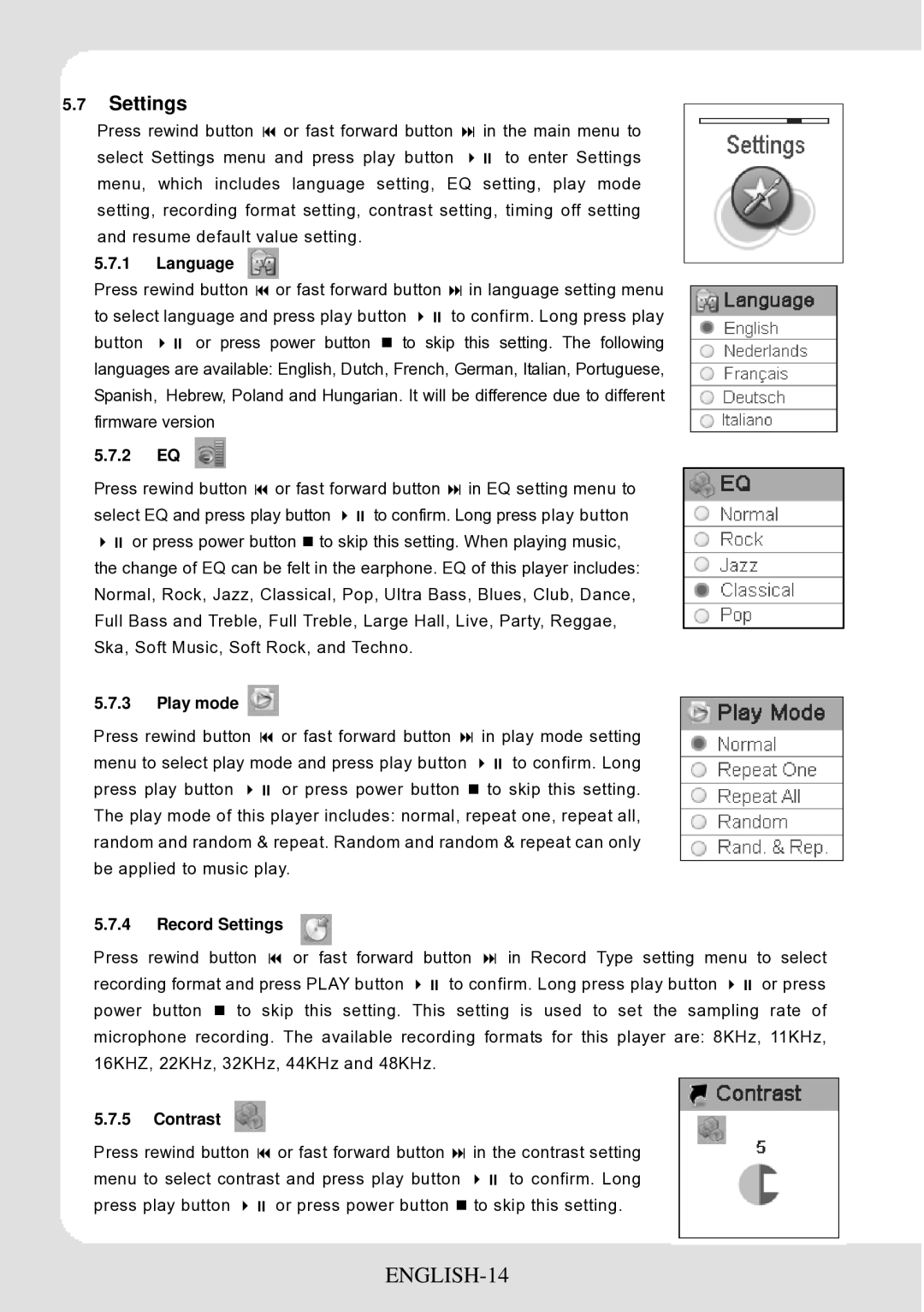 Curtis MPK4066UK user manual ENGLISH-14, Settings 