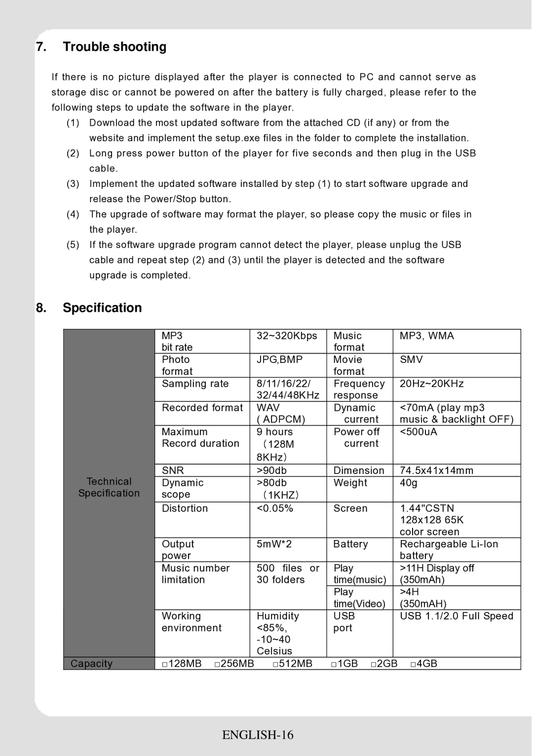 Curtis MPK4066UK user manual Trouble shooting, Specification, ENGLISH-16 