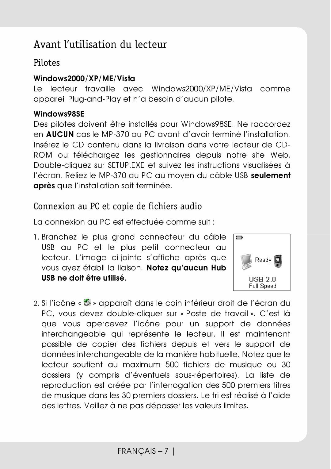 Curtis MPK4066UK user manual Avant l’utilisation du lecteur, Windows2000/XP/ME/Vista, Windows98SE, USB ne doit être utilisé 