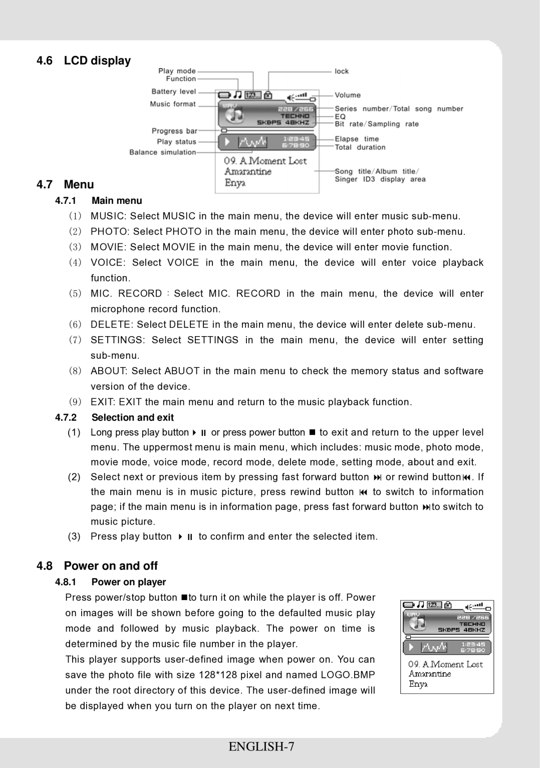 Curtis MPK4066UK user manual ENGLISH-7, LCD display Menu, Power on and off 