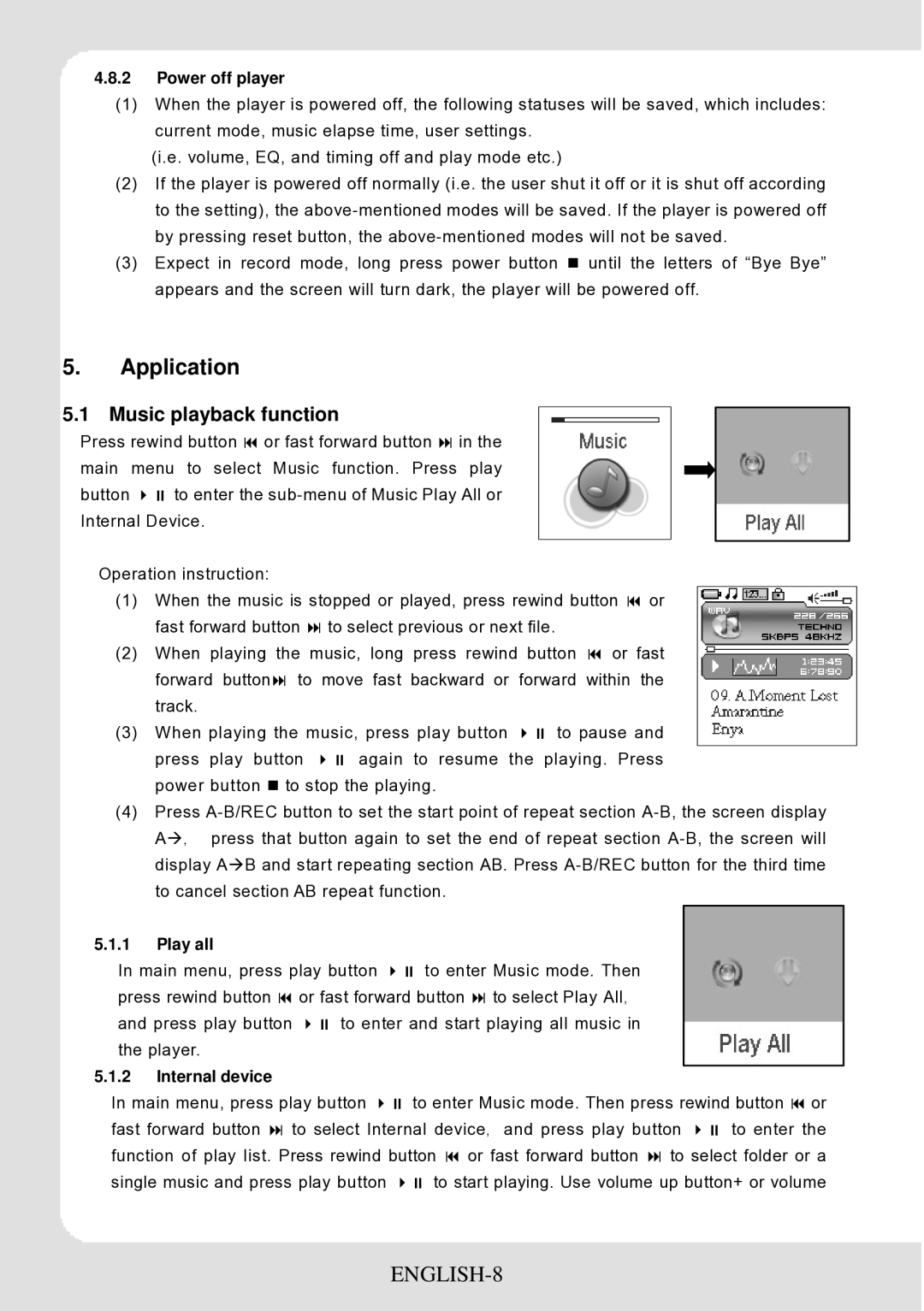 Curtis MPK4066UK user manual Application, ENGLISH-8, Music playback function 