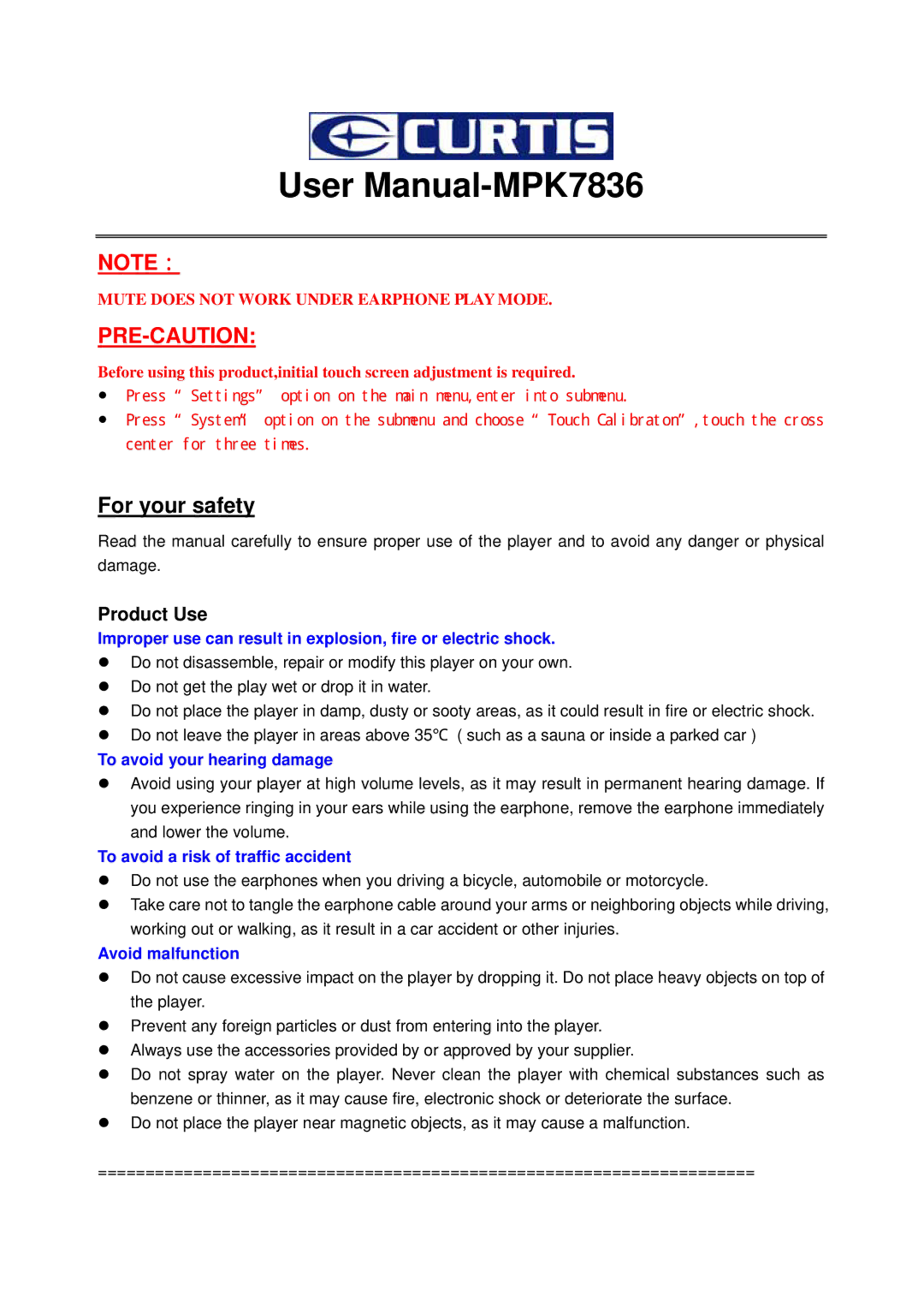 Curtis MPK7836 user manual For your safety, Product Use 