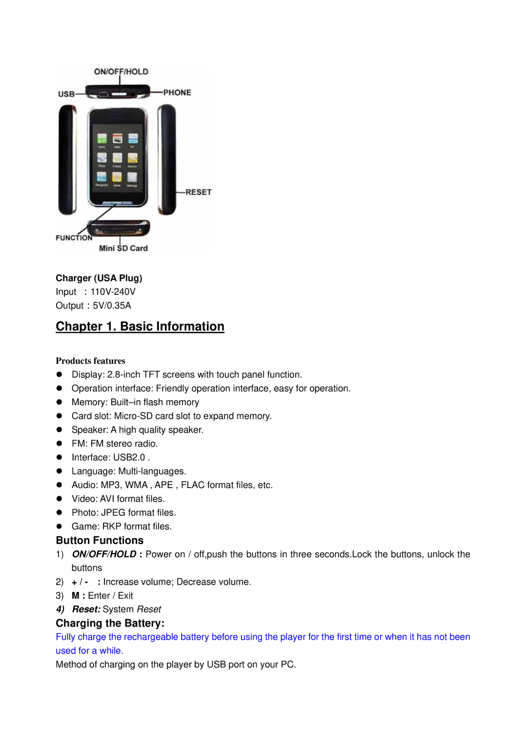 Curtis MPK7836 user manual Basic Information, Button Functions, Charging the Battery, Charger USA Plug 