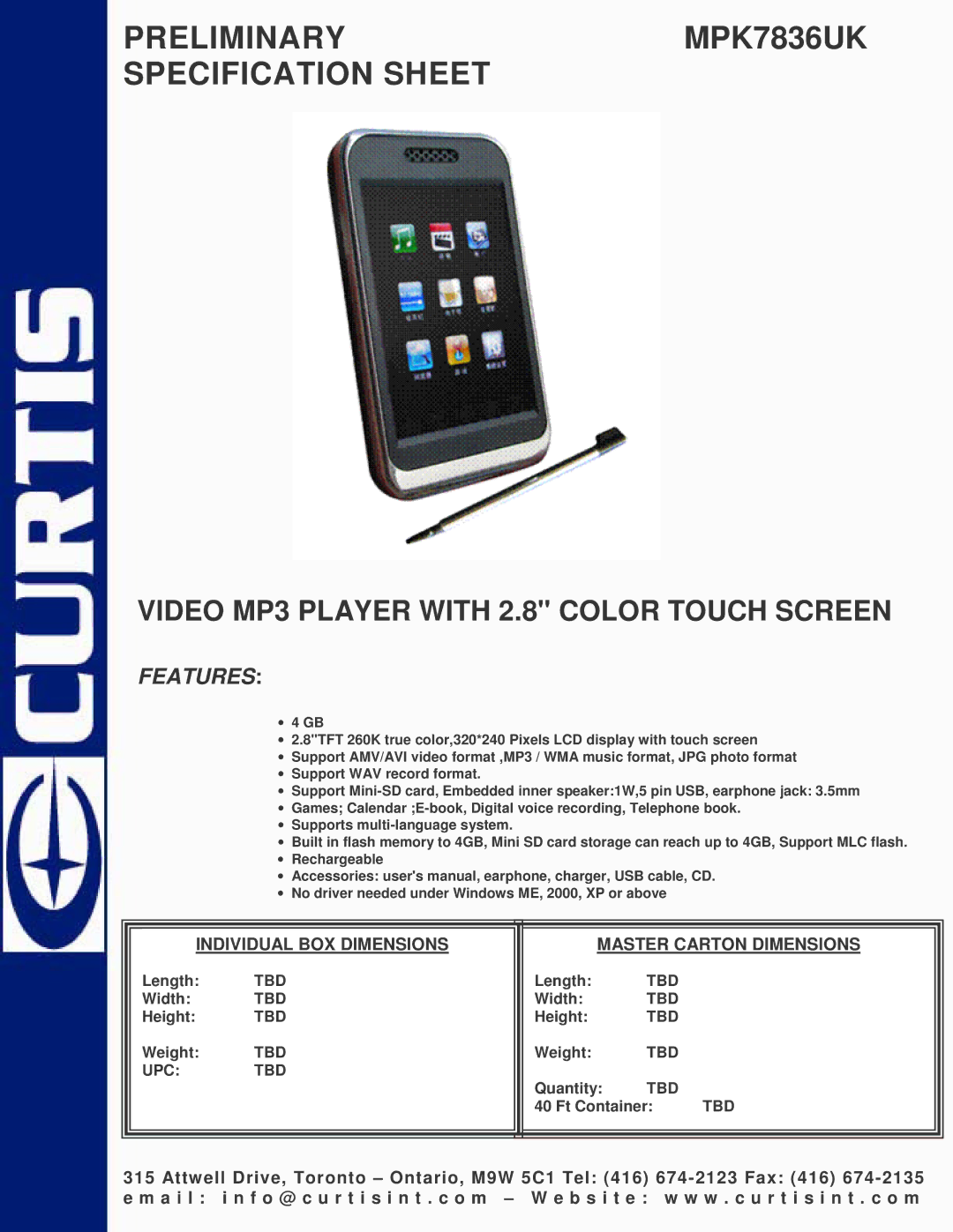 Curtis specifications PRELIMINARYMPK7836UK Specification Sheet, Video MP3 Player with 2.8 Color Touch Screen, Features 