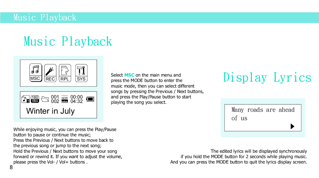 Curtis MPS2015UK manual Music Playback, Display Lyrics 