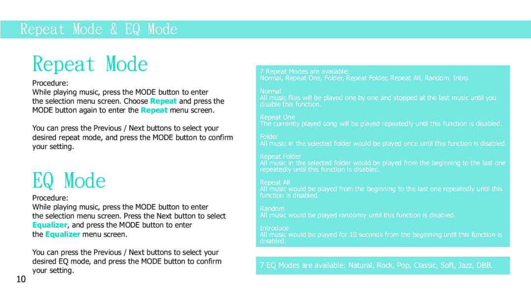 Curtis MPS2015UK manual Repeat Mode, EQ Mode 