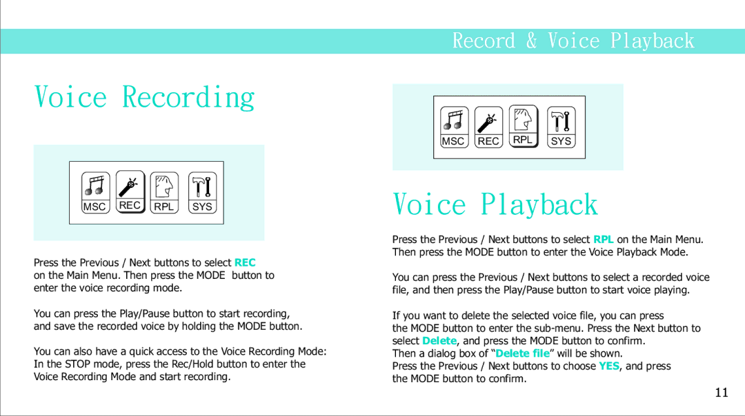 Curtis MPS2015UK manual Voice Recording, Voice Playback 