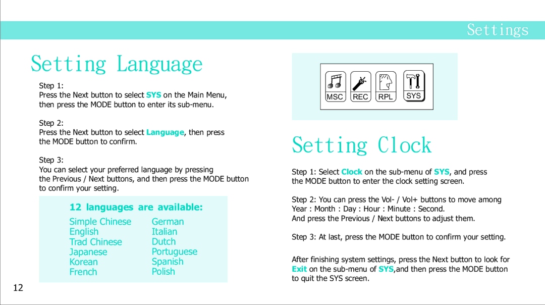 Curtis MPS2015UK manual Setting Language, Setting Clock 