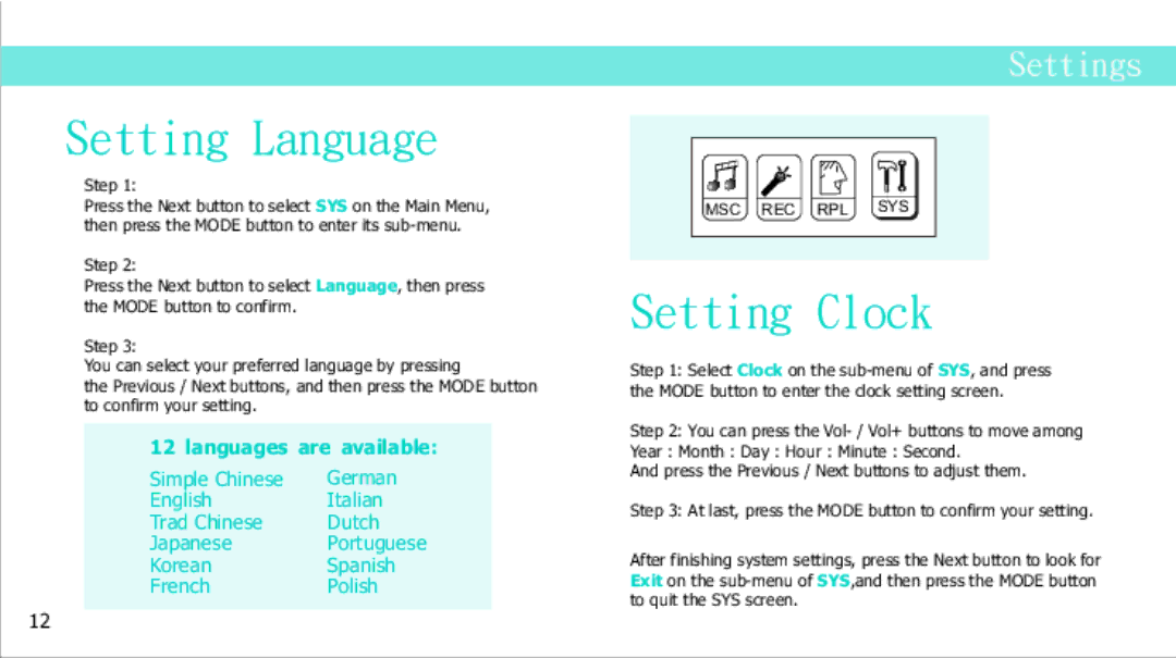 Curtis MPS2015UKA manual Setting Language, Setting Clock 