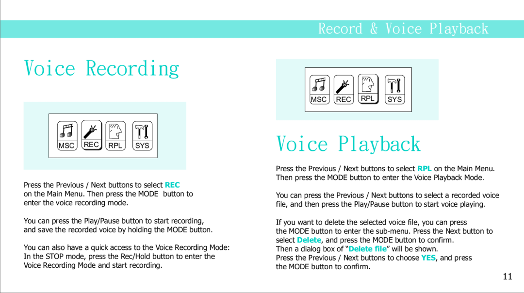 Curtis MPS2015UKA manual Voice Recording, Record & Voice Playback 