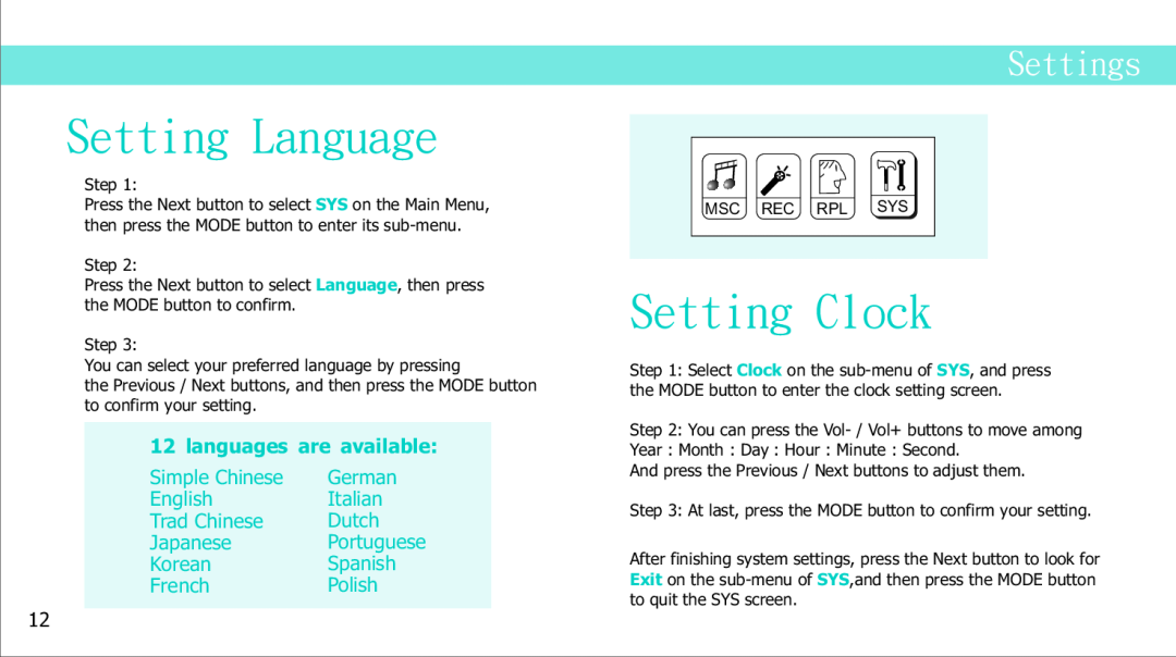 Curtis MPS2015UKA Setting Language, Setting Clock, Settings, languages are available, Simple Chinese, German, English 