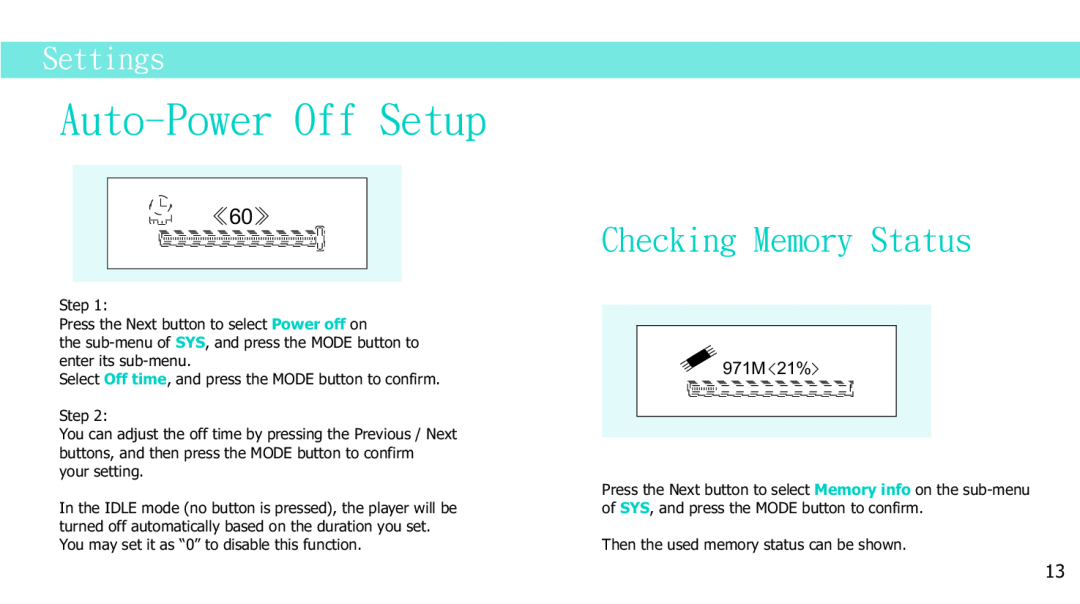 Curtis MPS2015UKA manual Auto-PowerOff Setup, Checking Memory Status, Settings, 971M 21% 