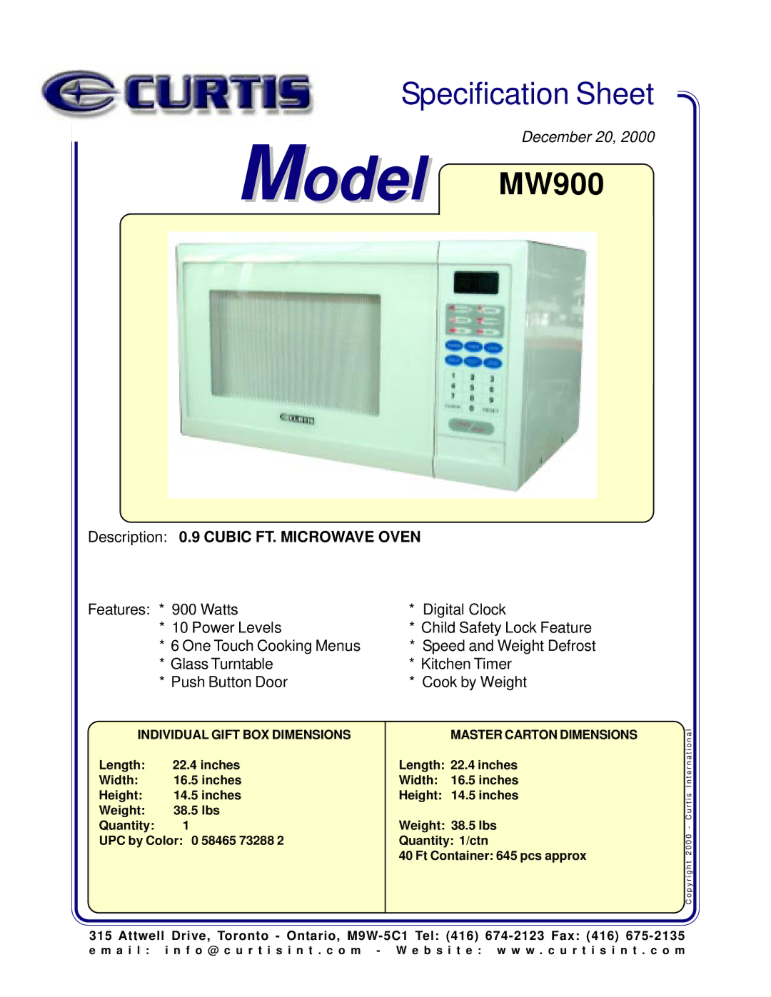 Curtis specifications Model MW900, Description 0.9 Cubic FT. Microwave Oven, Individual Gift BOX Dimensions 