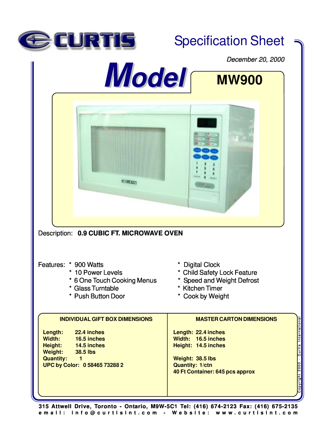 Curtis specifications Model MW900, Specification Sheet, December, Place Image Here, Push Button Door, Cook by Weight 