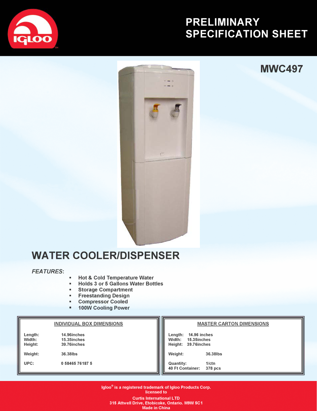 Curtis MWC497 specifications Preliminary Specification Sheet, Water COOLER/DISPENSER, Features, Upc 