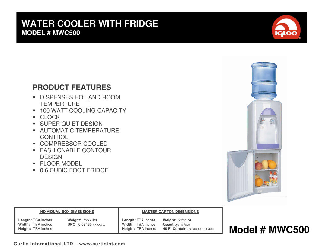 Curtis MWC500 dimensions Water Cooler with Fridge, Product Features 