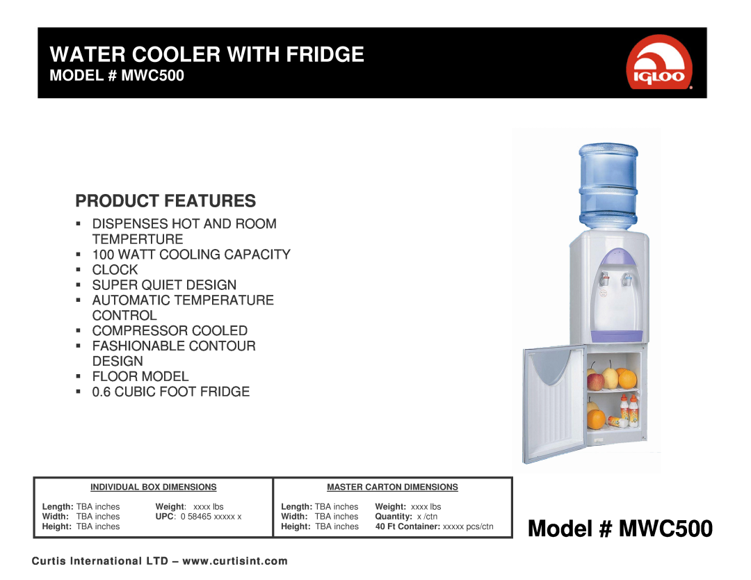 Curtis dimensions Model # MWC500, Water Cooler With Fridge, Product Features, MODEL # MWC500 