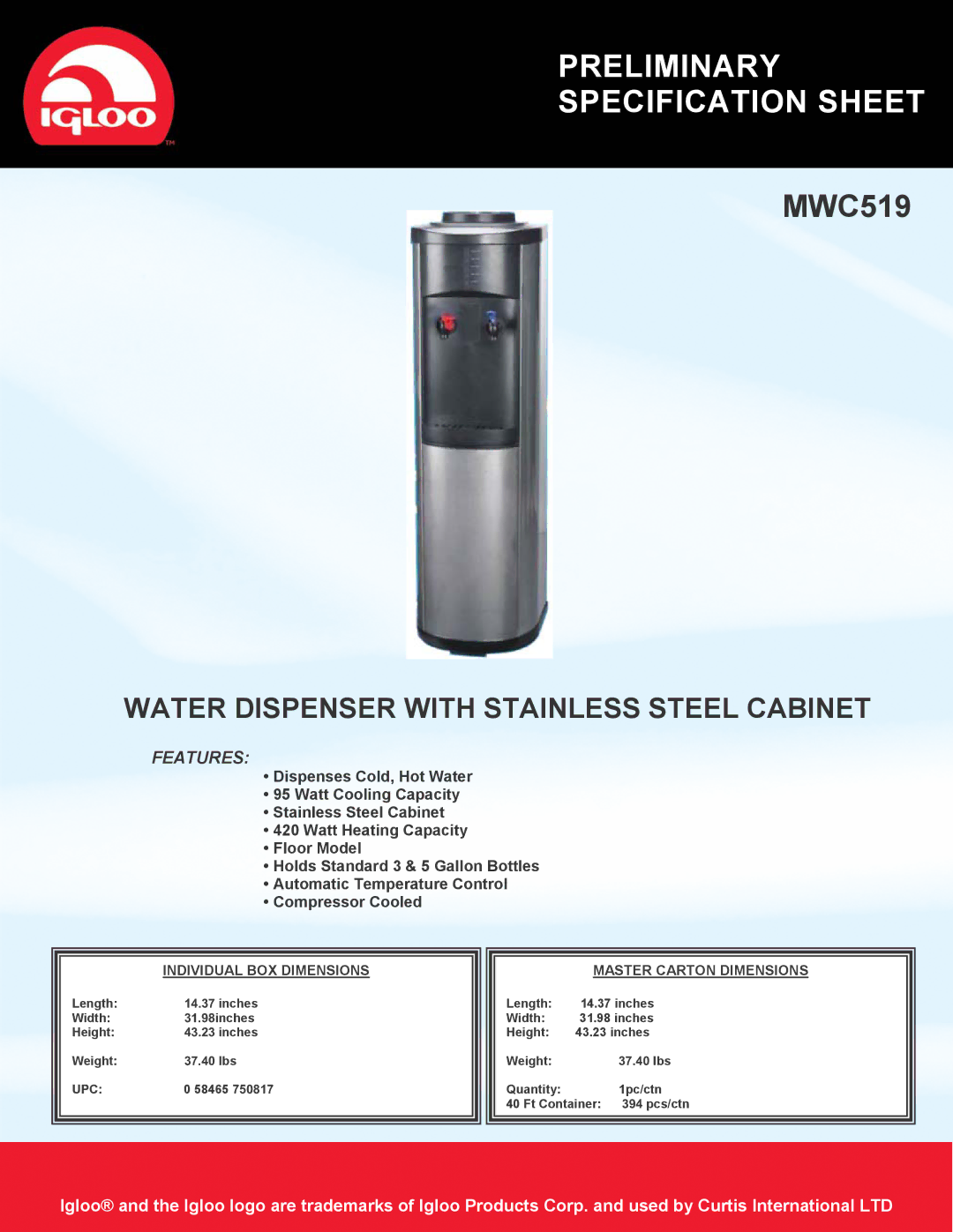 Curtis MWC519 specifications Preliminary Specification Sheet, Water Dispenser with Stainless Steel Cabinet, Features 