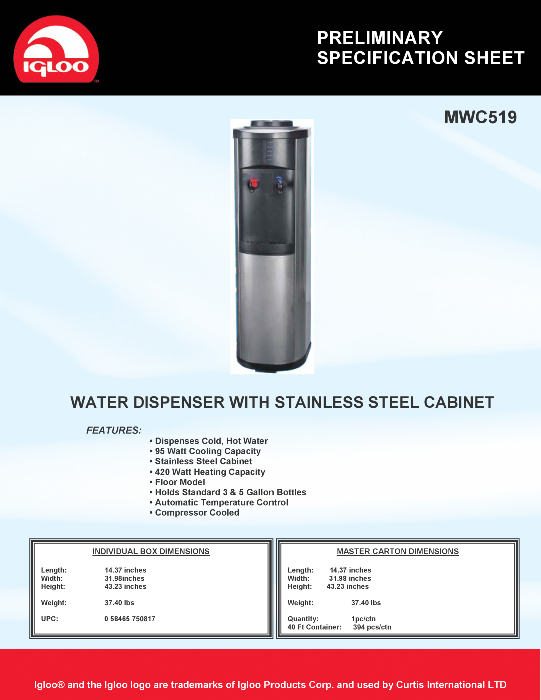 Curtis MWC519 specifications Preliminary Specification Sheet, Water Dispenser With Stainless Steel Cabinet, Features 