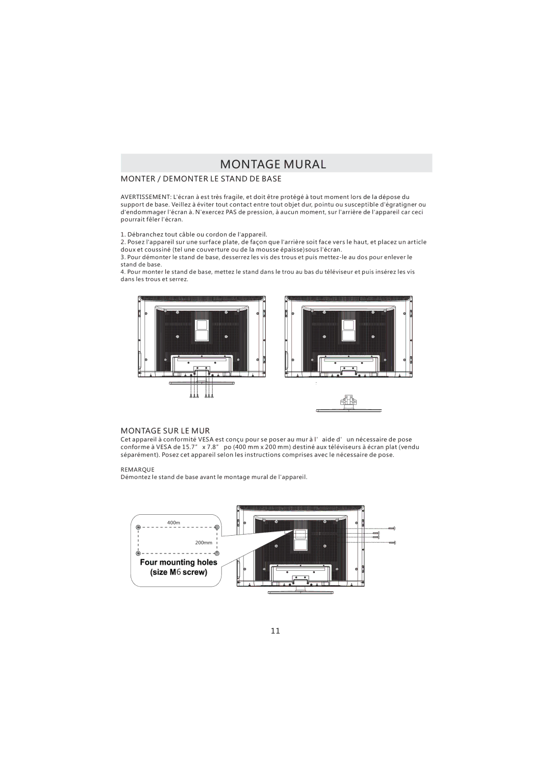 Curtis PL4210A manuel dutilisation Montage Mural, Monter / Demonter LE Stand DE Base 