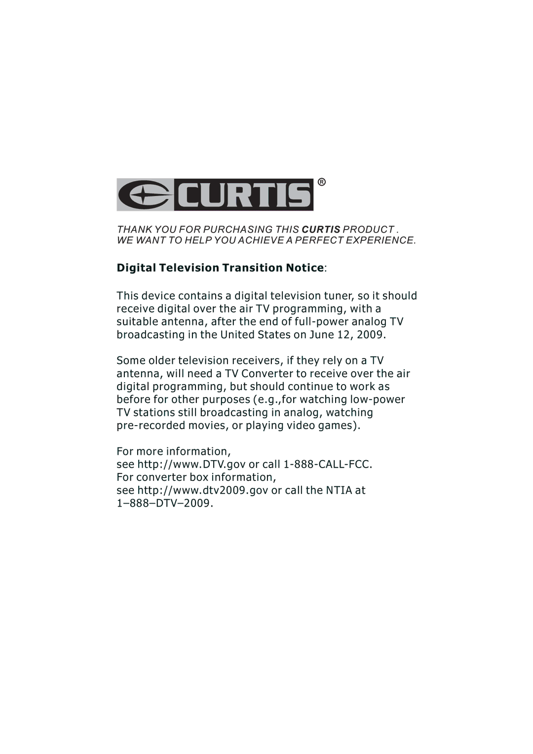 Curtis PL4210A manuel dutilisation Digital Television Transition Notice 