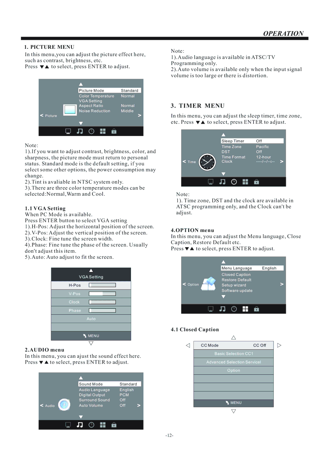 Curtis PLDED5066A manual Operation, VGA Setting, Audio menu, Option menu, Closed Caption 